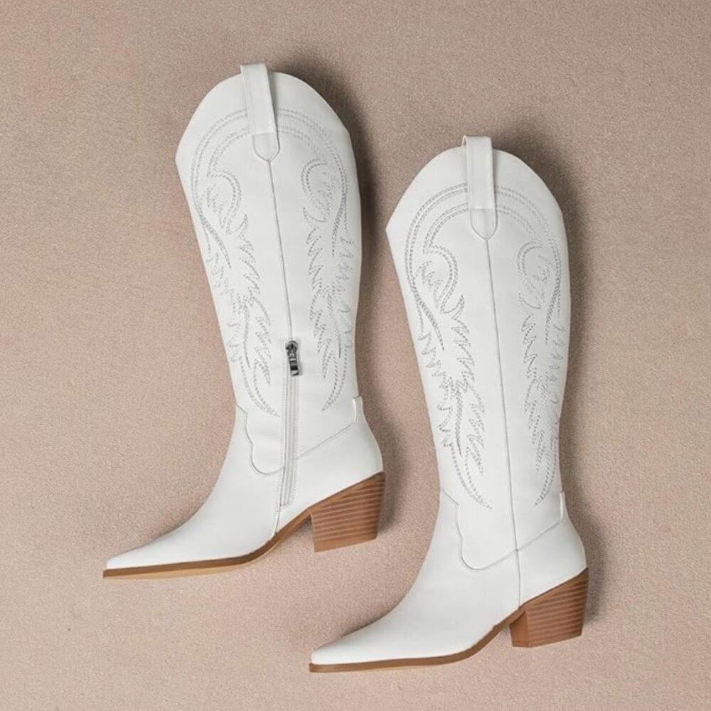 Women White Western Cowboy Boots Knee High Pointed Toe Cowgirl Boots With Zipper